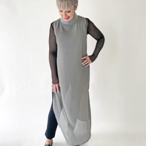 A lovely mid grey chiffon overlayer with halter neck and adjustable button sides