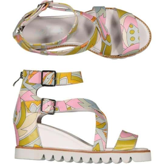 a pucci inspired print makes up the leather on this strappy sandal. Sitting on a wedge sole unit.