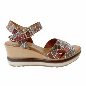 Multi coloured mosaic print leather. A mid wedge height sandal for summer
