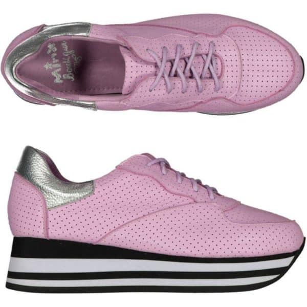 flat form sneaker with black/white striped sole in new pink lilac
